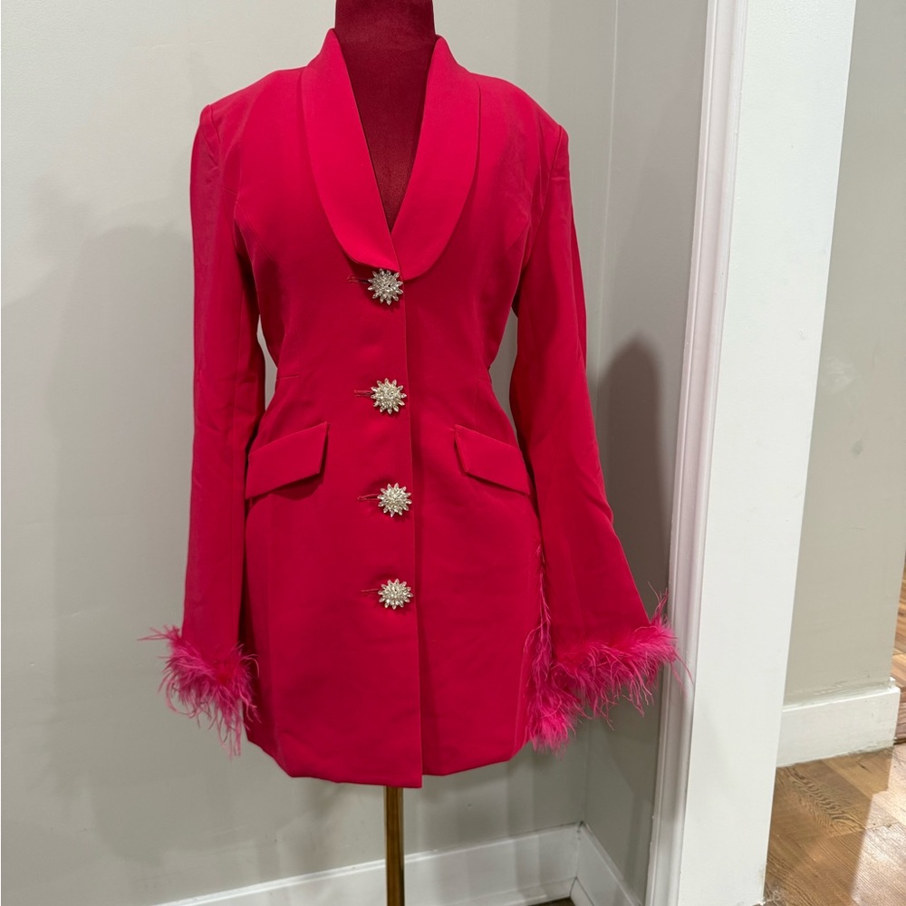 Women's Fuchsia Feather Cuff Mini Blazer Dress with Decorative Buttons